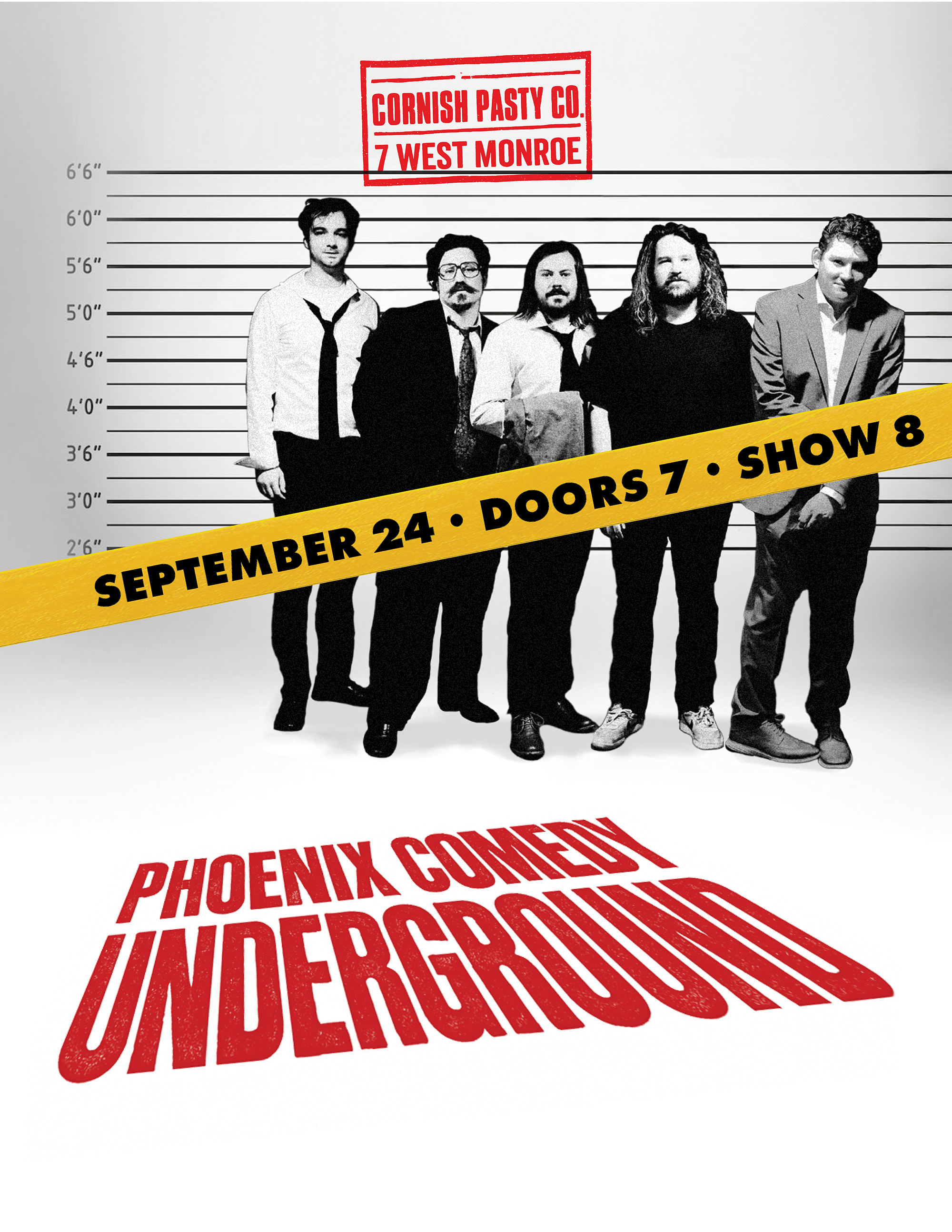 Phoenix Comedy Underground Best of Phoenix Showcase flyer - September 24, 2025 at Cornish Pasty Co. Doors 7:00 PM, Show 8:00 PM. 21+ event featuring underground comedy talent